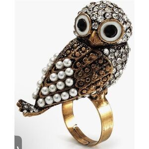 Simulated Pearl & Crystal Owl Adjustable Cocktail Ring Gold Tone Statement 7 8 9